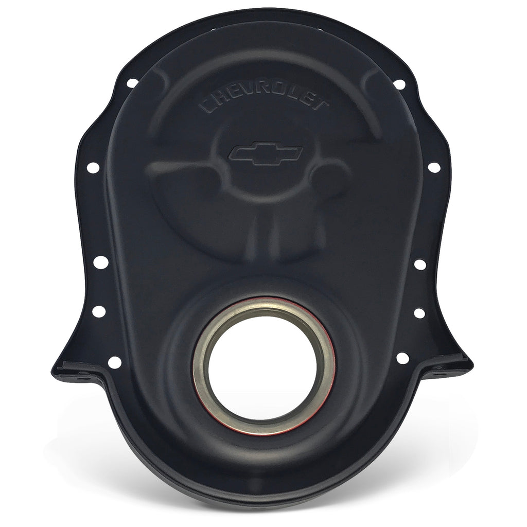 Engine-Timing-Chain-Cover;-Black-Crinkle;-Steel;-ChevyBowtie-Logo;-Bb-Chevy