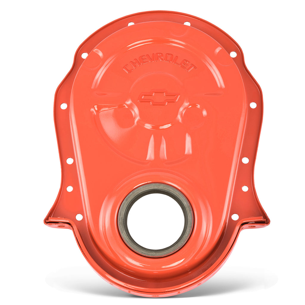 Engine-Timing-Chain-Cover;-Chevy-Orange;-Steel;-Embossed-Bowtie-Logo;-Bb-Chevy