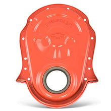 Load image into Gallery viewer, Engine-Timing-Chain-Cover;-Chevy-Orange;-Steel;-Embossed-Bowtie-Logo;-Bb-Chevy