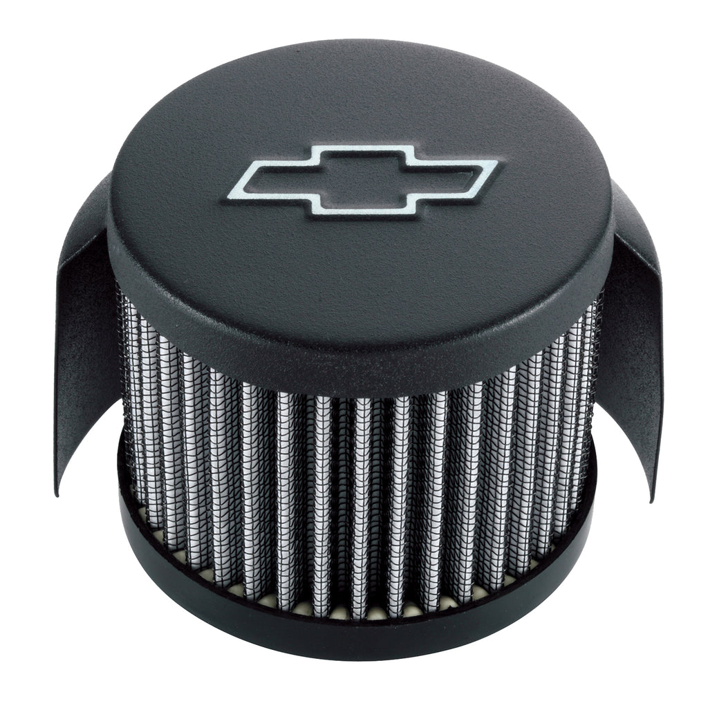 Engine-Valve-Cover-Breather;-Chevy-Logo;-Push-In-Style-WHood;-Black-Crinkle