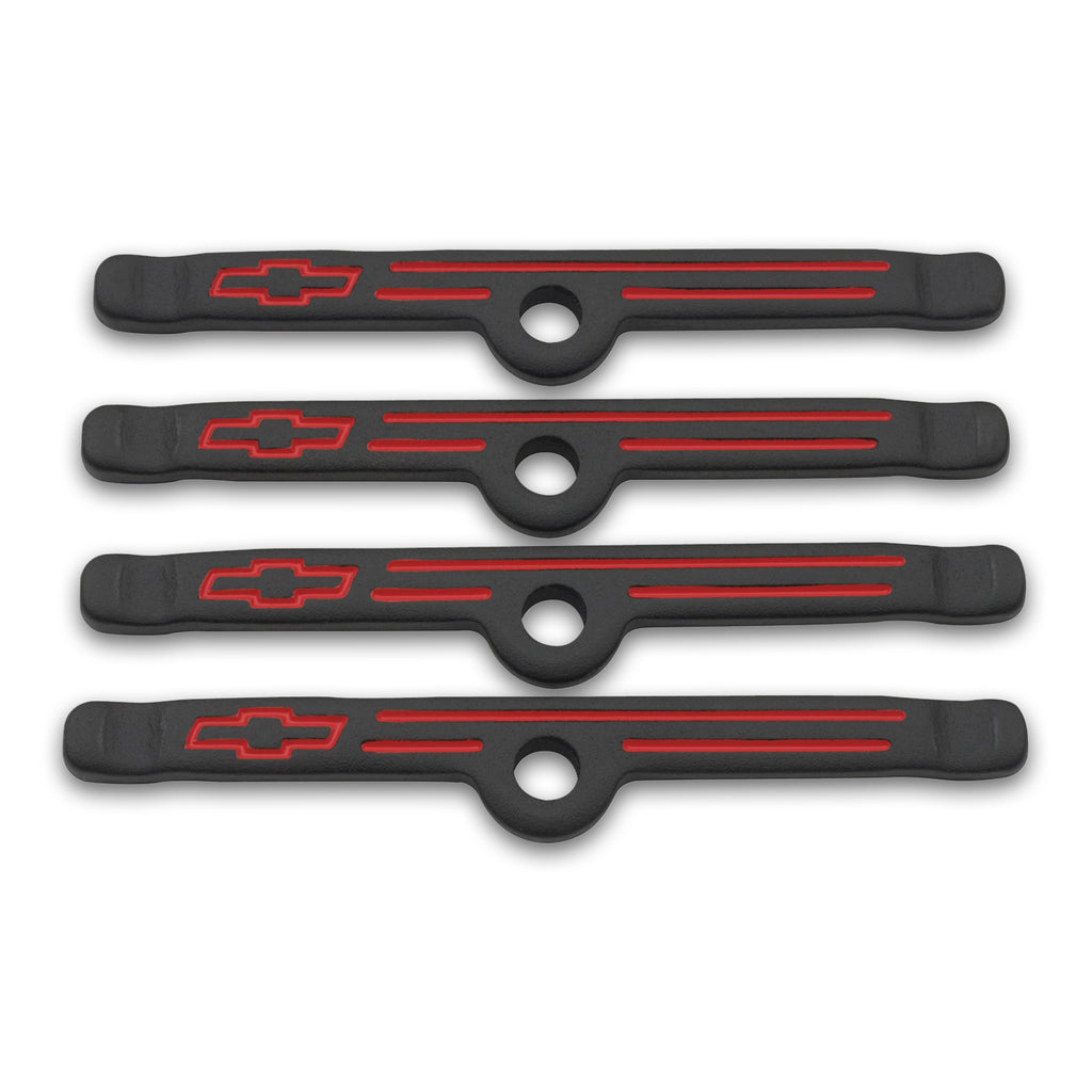 Engine-Valve-Cover-Holdown-Clamps;-Black-Crinkle-WBowtie-Logo;-Sb-Chevy;-4-Pcs