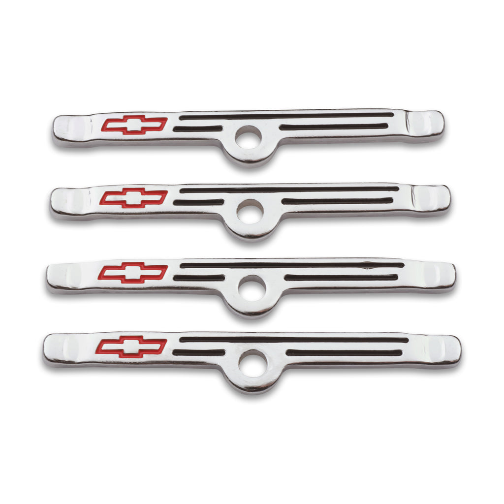 Engine-Valve-Cover-Holdown-Clamps;-Chrome-With-Red-Bowtie-Logo;-Sb-Chevy;-4-Pcs