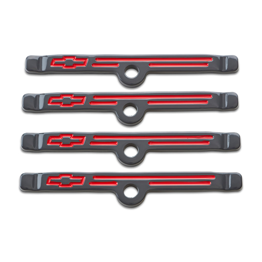 Engine-Valve-Cover-Holdown-Clamps;-Shark-Gray-WBowtie-Emblem;-Sbc-Gen-1;-4-Pcs