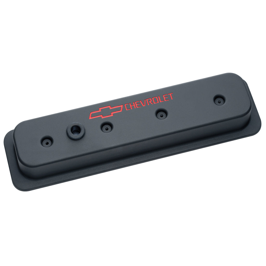 Engine-Valve-Covers;-Center-Bolt-Style;-Die-Cast;-Black-W-Bowtie-Logo;-Sb-Chevy