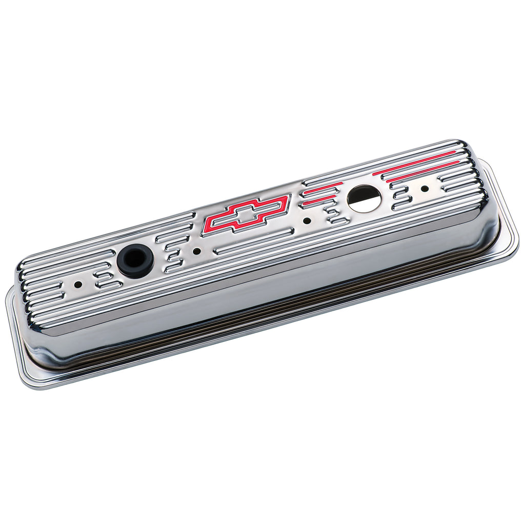 Engine-Valve-Covers;-Center-Bolt-Style;-Steel;-Chrome-WBowtie-Logo;-Sb-Chevy