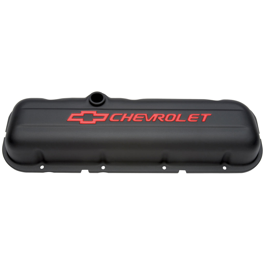 Engine-Valve-Covers;-Stamped-Steel;-Short;-Black;-W-Bowtie-Logo;-Fits-Bb-Chevy