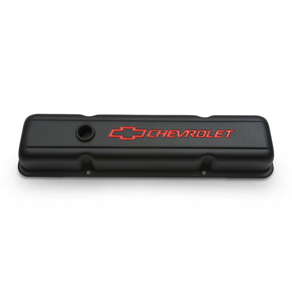 Engine-Valve-Covers;-Stamped-Steel;-Short;-Black;-W-Bowtie-Logo;-Fits-Sb-Chevy