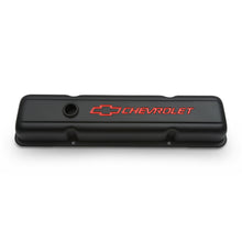 Load image into Gallery viewer, Engine-Valve-Covers;-Stamped-Steel;-Short;-Black;-W-Bowtie-Logo;-Fits-Sb-Chevy