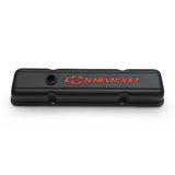 Proform 141-750 Engine Valve Covers; Stamped Steel; Short; Black; w/ Bowtie Logo; Fits SB Chevy