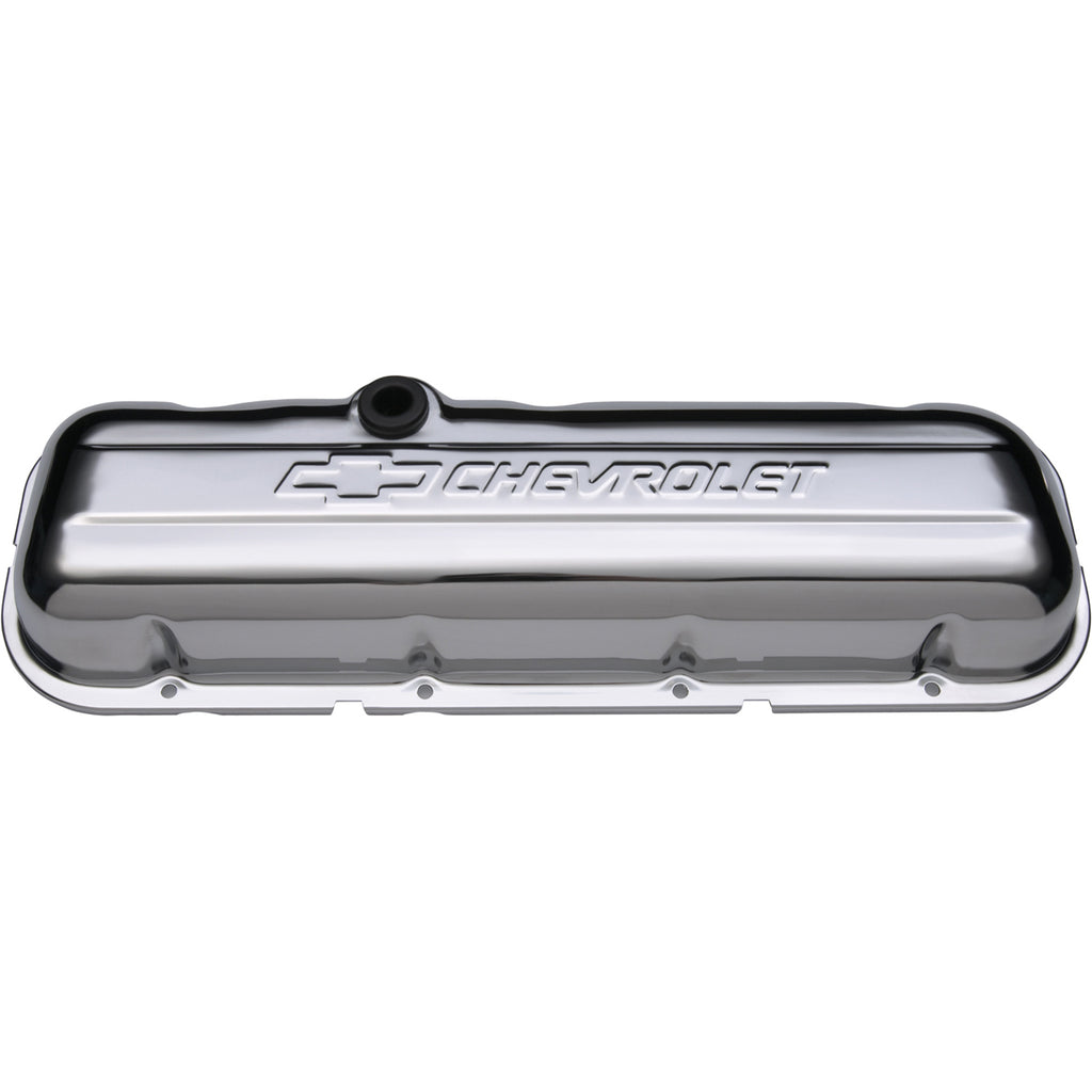 Engine-Valve-Covers;-Stamped-Steel;-Short;-Chrome;-W-Bowtie-Logo;-Fits-Bb-Chevy