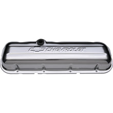 Load image into Gallery viewer, Engine-Valve-Covers;-Stamped-Steel;-Short;-Chrome;-W-Bowtie-Logo;-Fits-Bb-Chevy