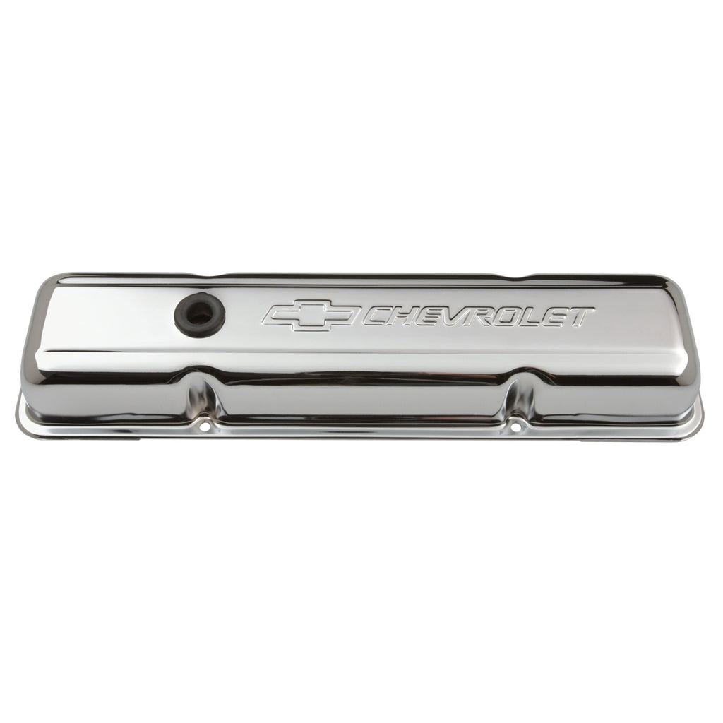 Engine-Valve-Covers;-Stamped-Steel;-Short;-Chrome;-W-Bowtie-Logo;-Fits-Sb-Chevy