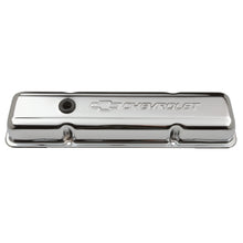 Load image into Gallery viewer, Engine-Valve-Covers;-Stamped-Steel;-Short;-Chrome;-W-Bowtie-Logo;-Fits-Sb-Chevy