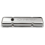 Proform 141-102 Engine Valve Covers; Stamped Steel; Short; Chrome; w/ Bowtie Logo; Fits SB Chevy
