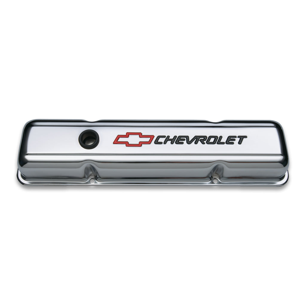 Engine-Valve-Covers;-Stamped-Steel;-Short;-Chrome;-W-Bowtie-Logo;-Fits-Sb-Chevy