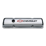Proform 141-899 Engine Valve Covers; Stamped Steel; Short; Chrome; w/ Bowtie Logo; Fits SB Chevy
