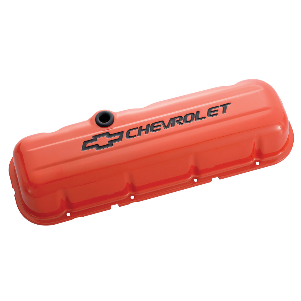 Engine-Valve-Covers;-Stamped-Steel;-Short;-Orange;-W-Bowtie-Logo;-Fits-Bb-Chevy