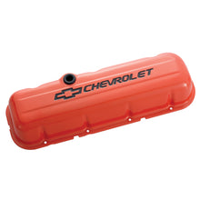 Load image into Gallery viewer, Engine-Valve-Covers;-Stamped-Steel;-Short;-Orange;-W-Bowtie-Logo;-Fits-Bb-Chevy