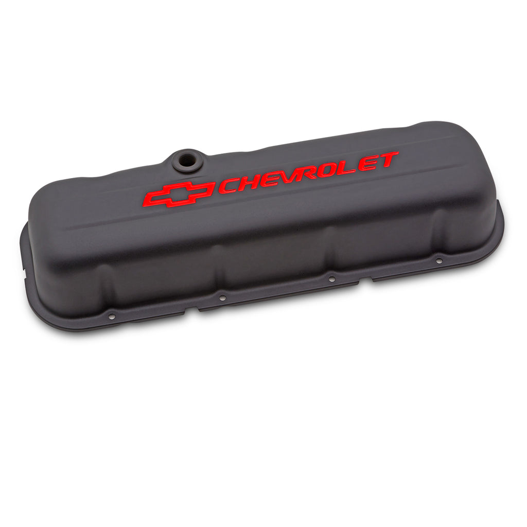 Engine-Valve-Covers;-Stamped-Steel;-Tall;-Black;-W-Bowtie-Logo;-Fits-Bb-Chevy