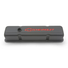Load image into Gallery viewer, Engine-Valve-Covers;-Stamped-Steel;-Tall;-Black;-W-Bowtie-Logo;-Fits-Sb-Chevy