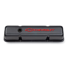 Load image into Gallery viewer, Engine-Valve-Covers;-Stamped-Steel;-Tall;-Carbon-W-Bowtie-Logo;-Fits-Sb-Chevy