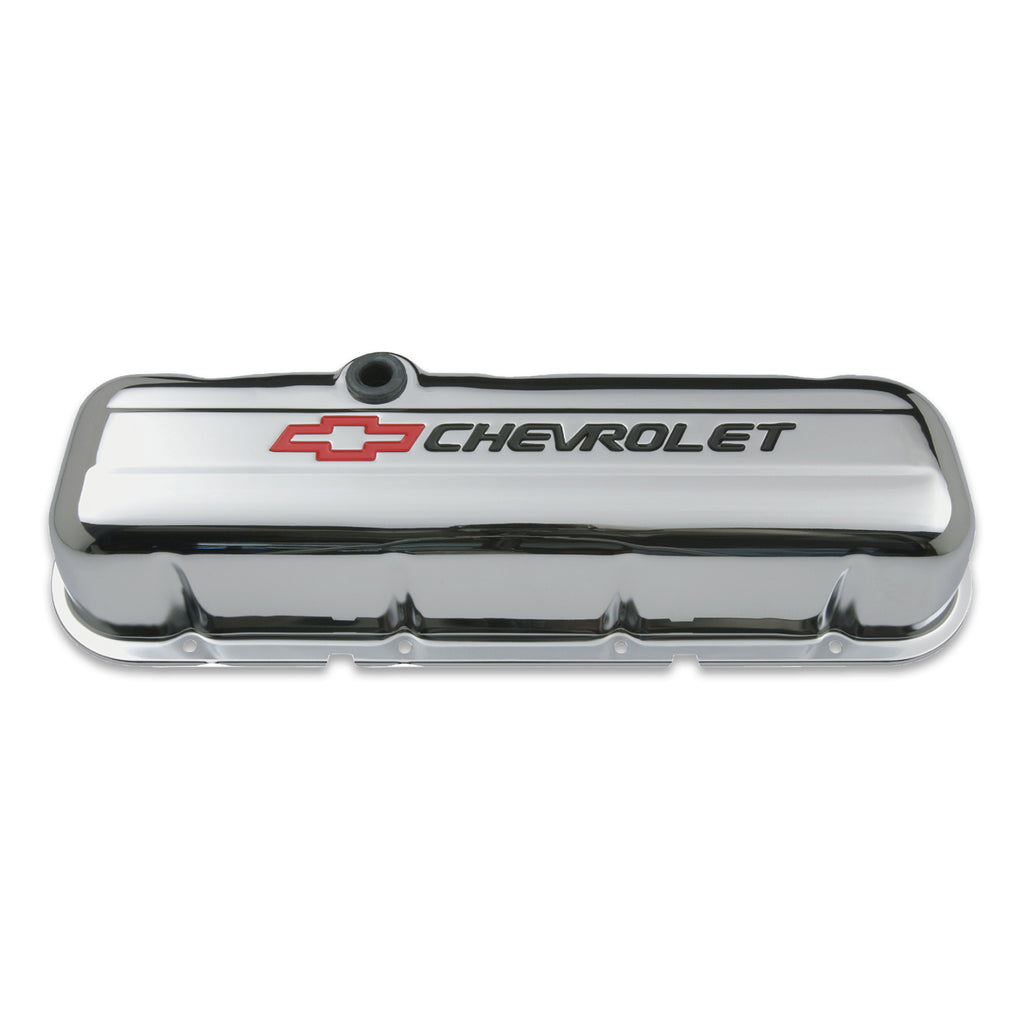 Engine-Valve-Covers;-Stamped-Steel;-Tall;-Chrome;-W-Bowtie-Logo;-Fits-Bb-Chevy