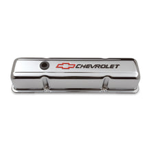 Load image into Gallery viewer, Engine-Valve-Covers;-Stamped-Steel;-Tall;-Chrome;-W-Bowtie-Logo;-Fits-Sb-Chevy