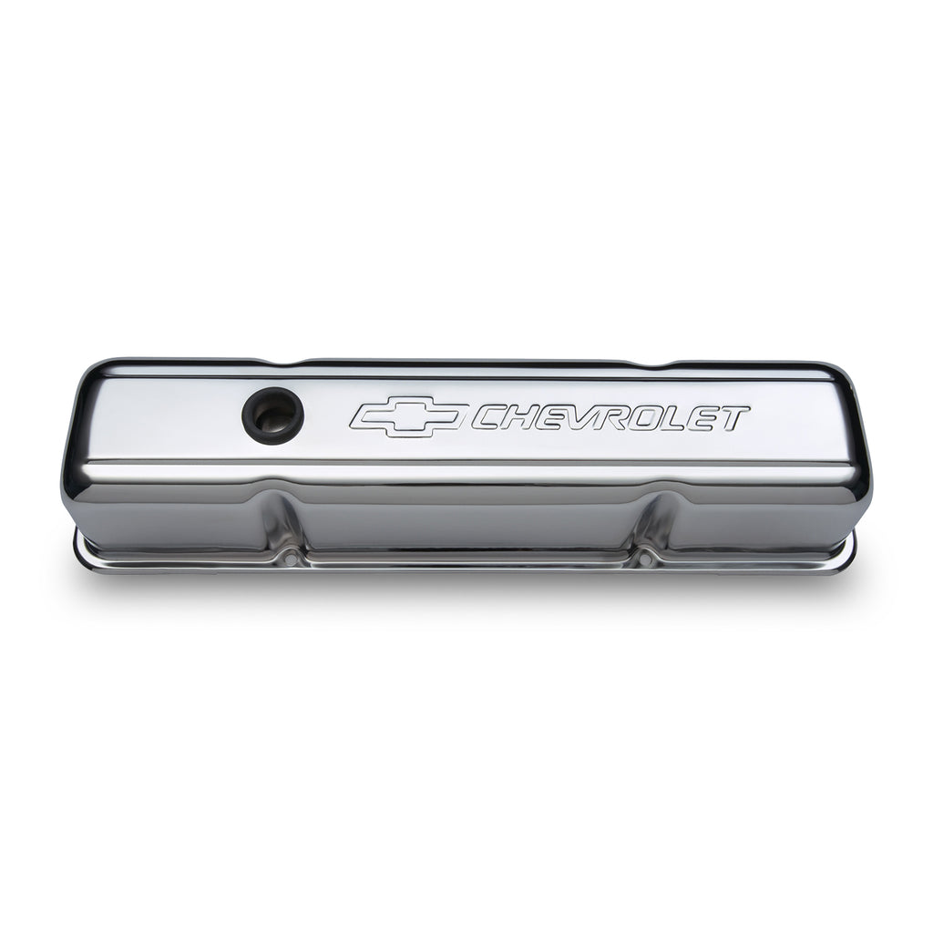 Engine-Valve-Covers;-Stamped-Steel;-Tall;-Chrome;-W-Bowtie-Logo;-Fits-Sb-Chevy