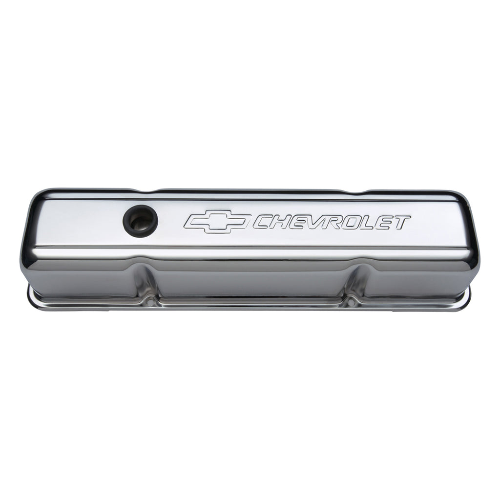 Engine-Valve-Covers;-Stamped-Steel;-Tall;-Chrome;-W-Bowtie-Logo;-Fits-Sb-Chevy