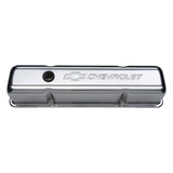 Proform 141-103 Engine Valve Covers; Stamped Steel; Tall; Chrome; w/ Bowtie Logo; Fits SB Chevy