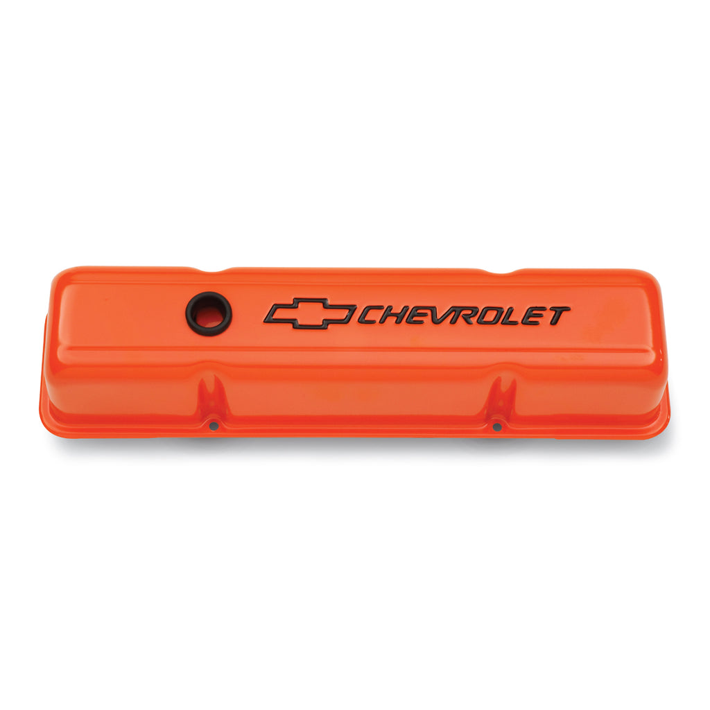 Engine-Valve-Covers;-Stamped-Steel;-Tall;-Orange-W-Bowtie-Logo;-Fits-Sb-Chevy