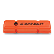 Load image into Gallery viewer, Engine-Valve-Covers;-Stamped-Steel;-Tall;-Orange-W-Bowtie-Logo;-Fits-Sb-Chevy