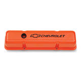 Proform 141-784 Engine Valve Covers; Stamped Steel; Tall; Orange w/ Bowtie Logo; Fits SB Chevy