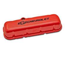 Load image into Gallery viewer, Engine-Valve-Covers;-Stamped-Steel;-Tall;-Orange;-W-Bowtie-Logo;-Fits-Bb-Chevy