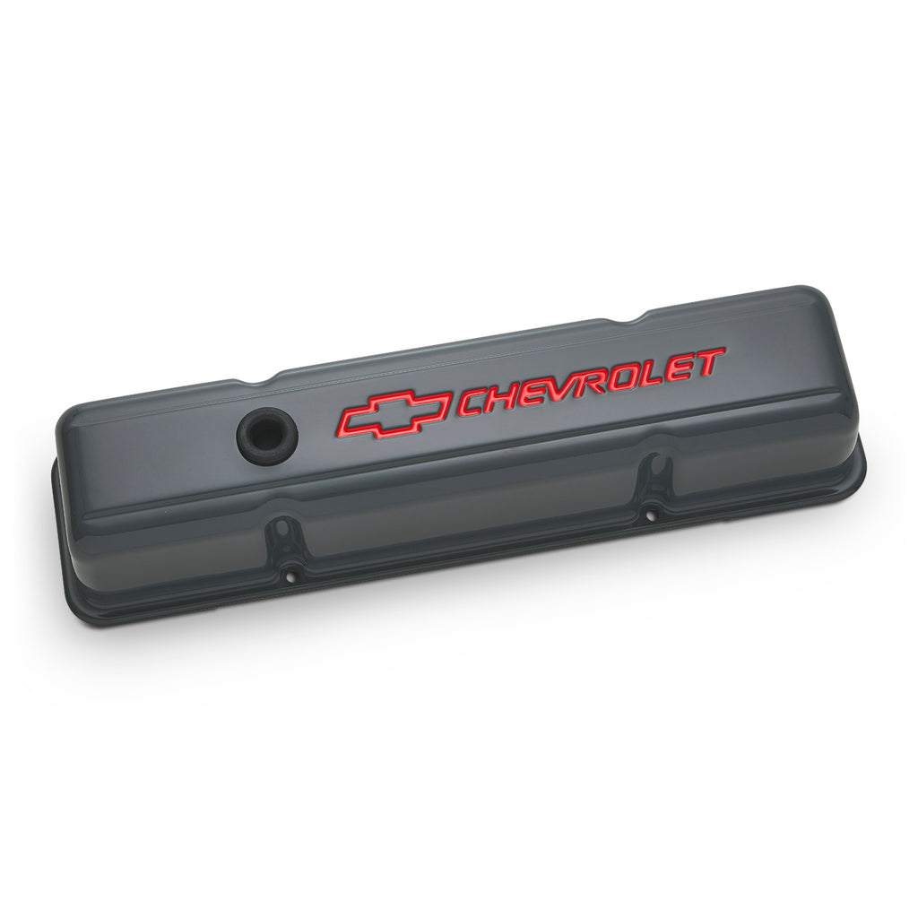Engine-Valve-Covers;-Stamped-Steel;-Tall;-Shark-Gray;-Bowtie-Logo;-Fits-Sb-Chevy