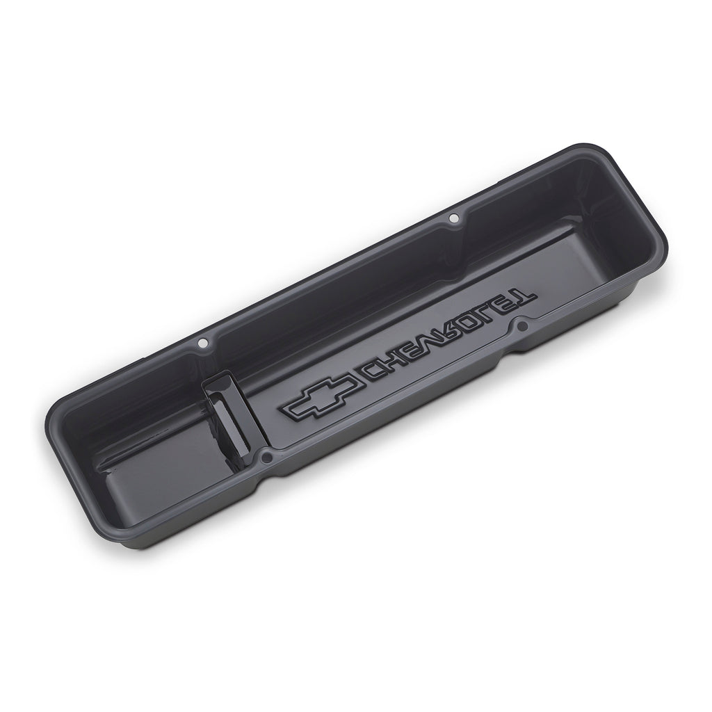 Engine-Valve-Covers;-Stamped-Steel;-Tall;-Shark-Gray;-Bowtie-Logo;-Fits-Sb-Chevy