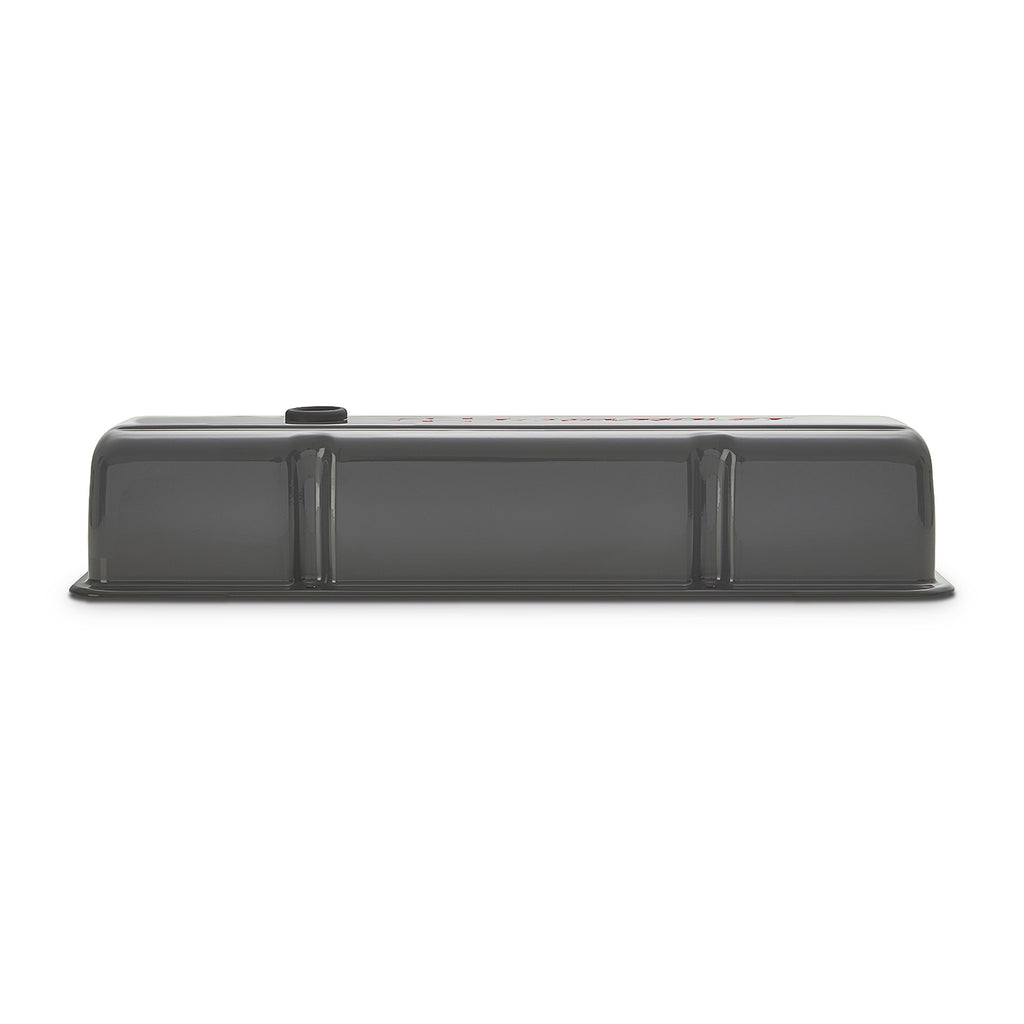Engine-Valve-Covers;-Stamped-Steel;-Tall;-Shark-Gray;-Bowtie-Logo;-Fits-Sb-Chevy