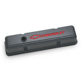 Proform 141-881 Engine Valve Covers; Stamped Steel; Tall; Shark Gray; Bowtie Logo; Fits SB Chevy