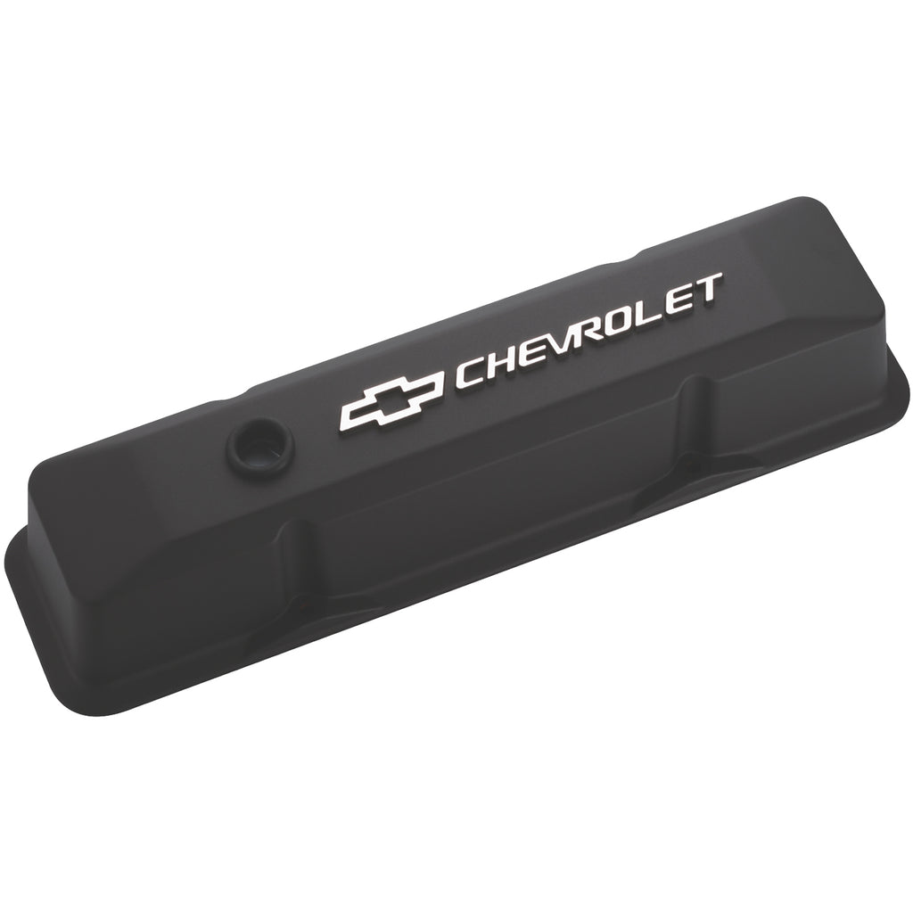 Engine-Valve-Covers;-Tall-Style;-Die-Cast;-Black-W-Milled-Bowtie-Logo;-Sb-Chevy