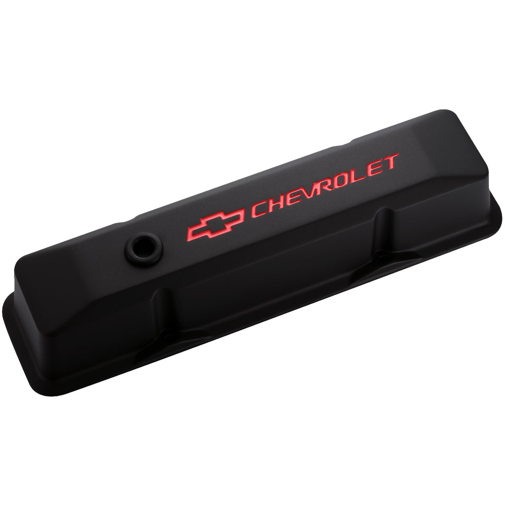 Engine-Valve-Covers;-Tall-Style;-Die-Cast;-Black-With-Bowtie-Logo;-Fits-Sb-Chevy