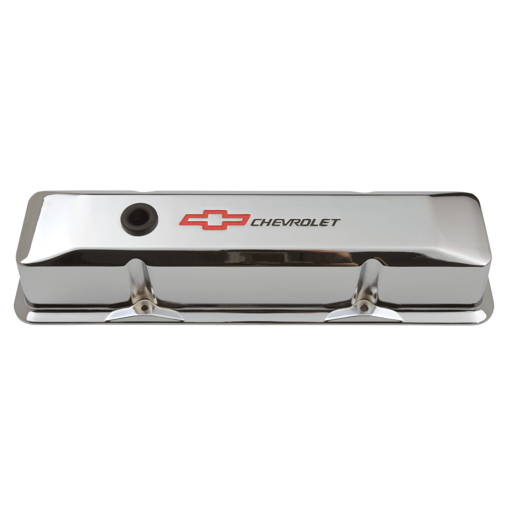 Engine-Valve-Covers;-Tall-Style;-Die-Cast;-Chrome-With-Bowtie-Logo;-For-Sb-Chevy