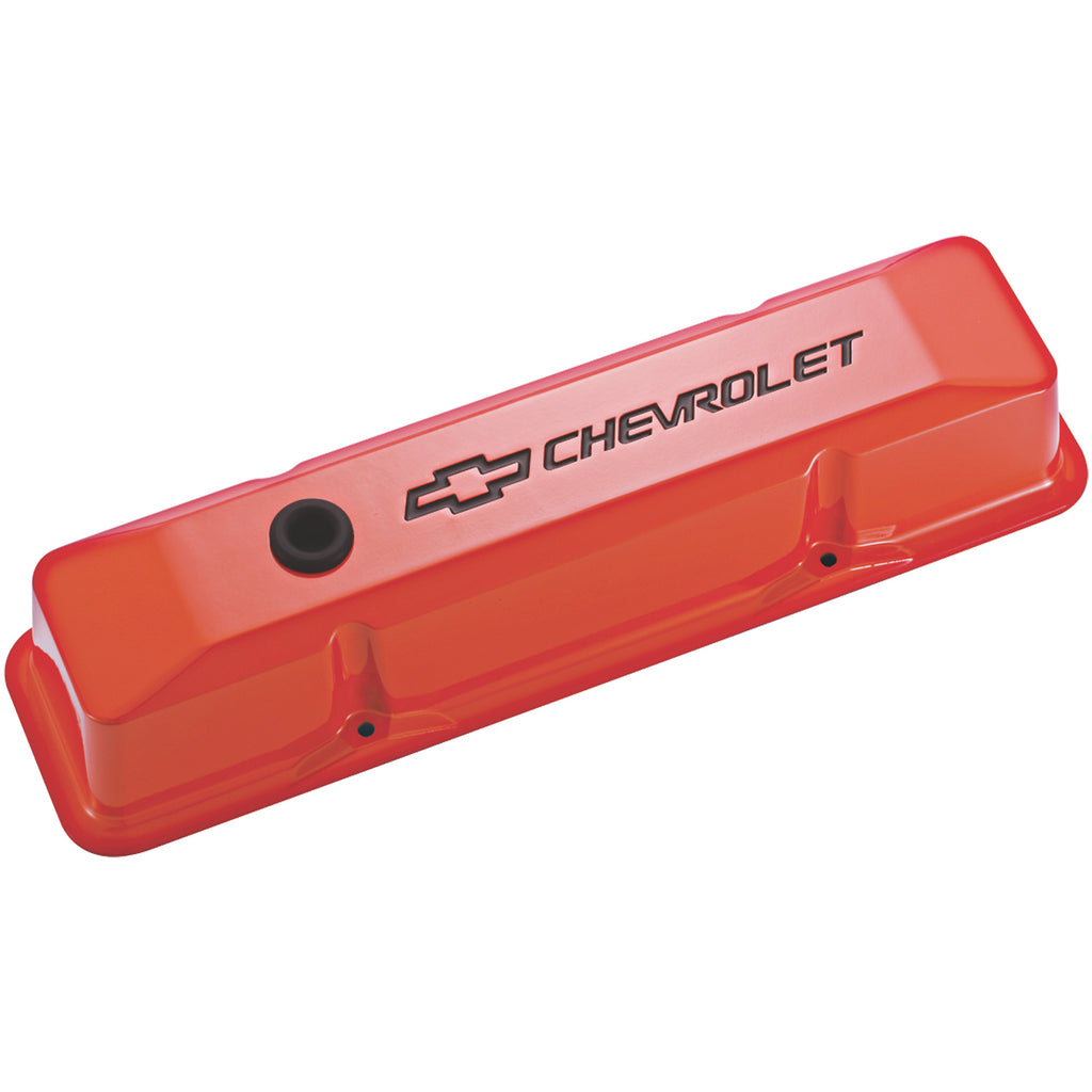 Engine-Valve-Covers;-Tall-Style;-Die-Cast;-Orange-W-Blk-Bowtie-Logo;-Sb-Chevy