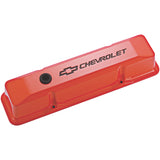 Proform 141-118 Engine Valve Covers; Tall Style; Die Cast; Orange w Blk Bowtie Logo; SB Chevy