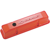 Proform 141-120 Engine Valve Covers; Tall Style; Die Cast; Orange w Milled Bowtie Logo; SB Chevy