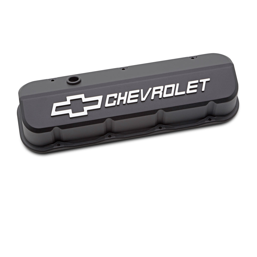 Engine-Valve-Covers;-Tall;-Die-Cast;-Bb-Chevy;-Black-Crinkle-W-Raised-Chevy-Logo