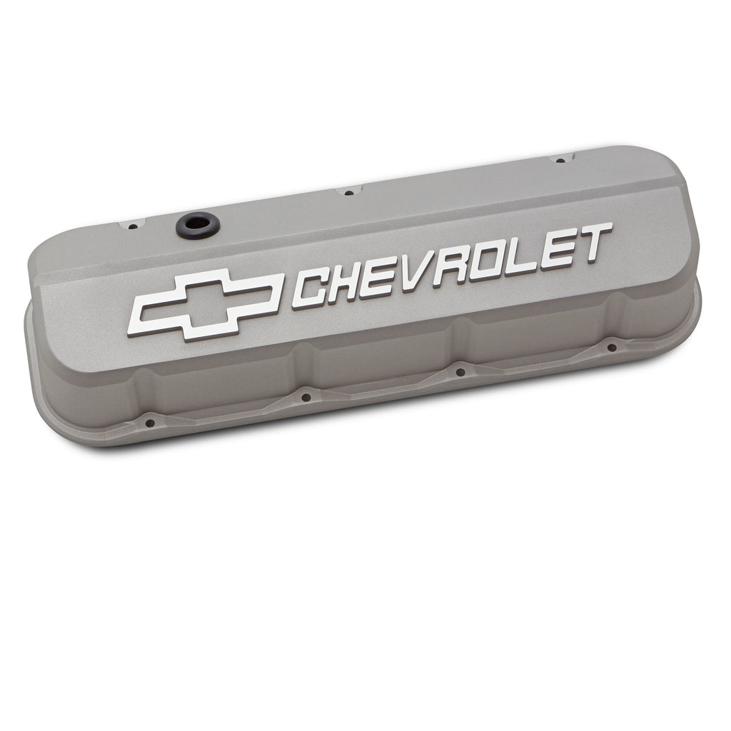 Engine-Valve-Covers;-Tall;-Die-Cast;-Bb-Chevy;-Cast-Gray-With-Raised-Chevy-Logo