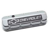 Proform 141-879 Engine Valve Covers; Tall; Die-Cast; BB Chevy; Chrome w/ Blackfield Chevy Logo