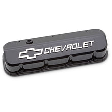 Load image into Gallery viewer, Engine-Valve-Covers;-Tall;-Die-Cast;-Bb-Chevy;-Liquid-Black-W-Raised-Chevy-Logo