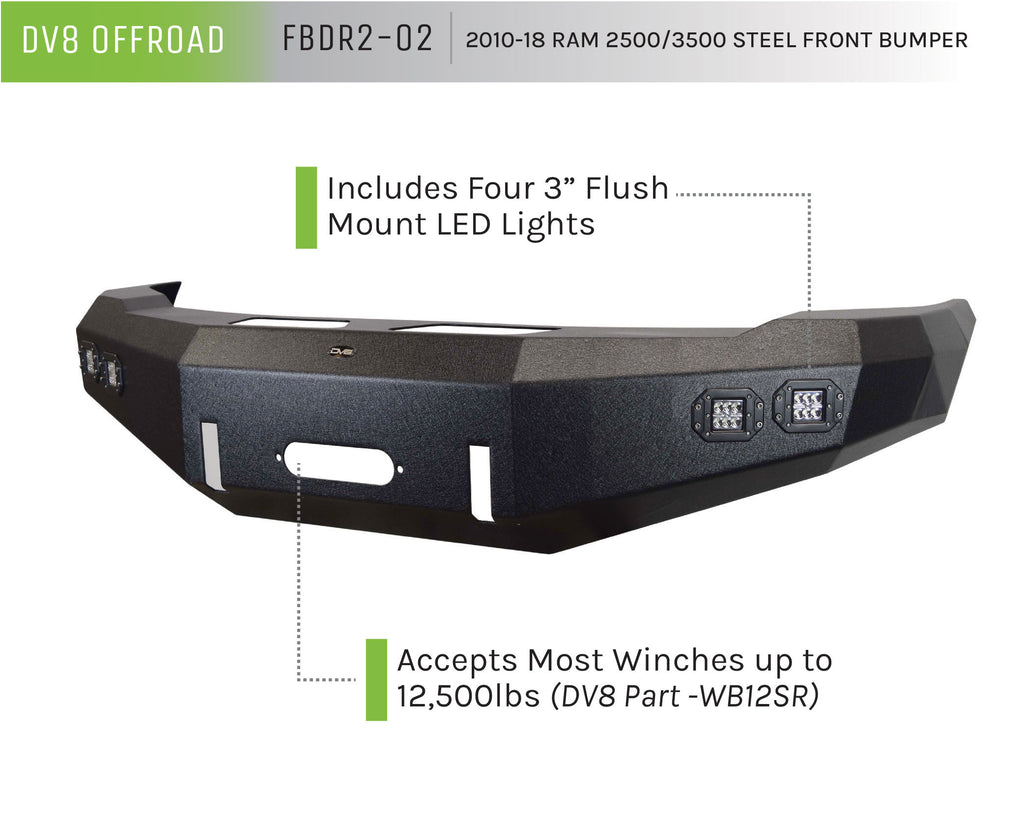 DV8 Offroad FBDR2-02 Truck Front Full Size Bumper for Select Dodge Ram 2500, Dodge Ram 3500, Ram 2500, Ram