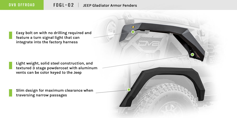 DV8 Offroad FDGL-02 Fender Flares; Armor; Front & Rear for Select Jeep Gladiator
